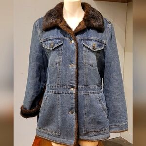 New Marvin Richards women's  blue jeans jacket faux fur lined size L